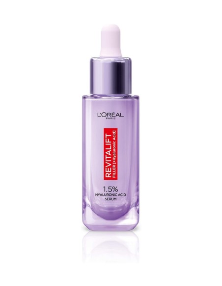 Frasco con cuentagotas de sérum Revitalift Filler junto a su caja violeta