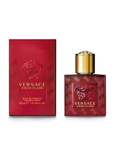 Perfume masculino Versace Eros Flame en frasco rojo con motivos griegos