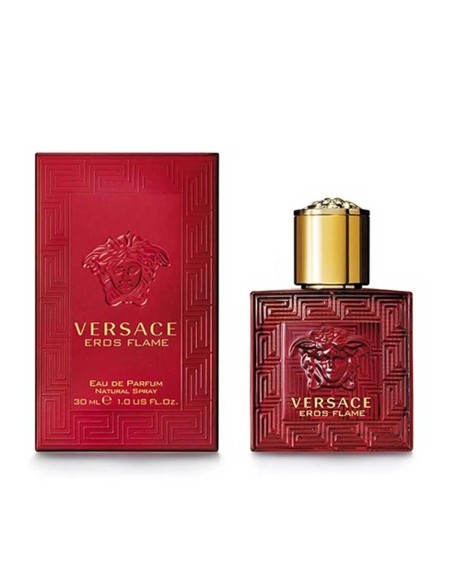Perfume masculino Versace Eros Flame en frasco rojo con motivos griegos