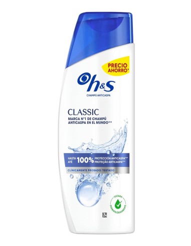 H&S Classic champú anticaspa de 250 ml en envase blanco con tapón azul y diseño de agua