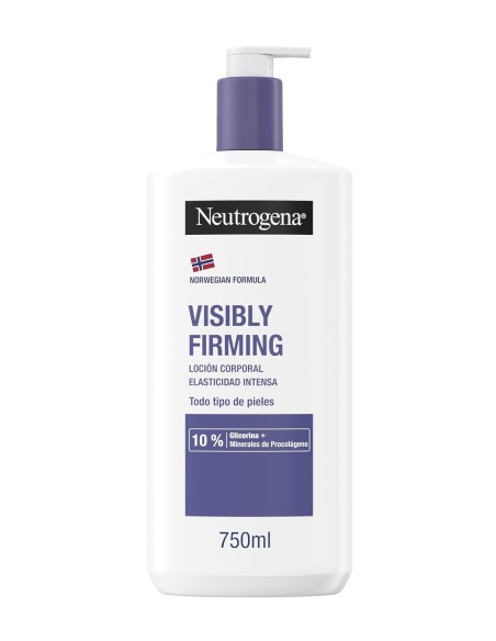 Neutrogena loción corporal Elasticidad Intensa 750 ml, botella blanca con dosificador y detalles violetas