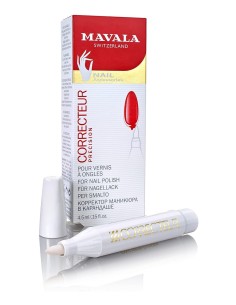 Mavala corrector de esmalte 4,5 ml, lápiz blanco con punta de fieltro y caja roja, blanca y dorada