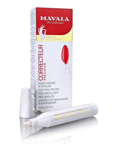 Mavala corrector de esmalte 4,5 ml, lápiz blanco con punta de fieltro y caja roja, blanca y dorada