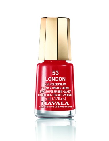 Esmalte rojo Mavala Mini Color 53 London de 5 ml en frasco de cristal con tapón dorado