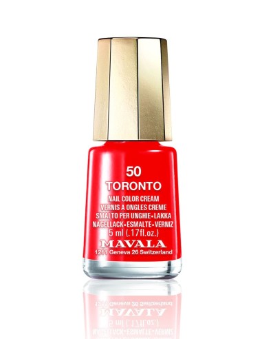 Esmalte rojo vivo Mavala Mini Color 50 Toronto de 5 ml en frasco de cristal con tapón dorado