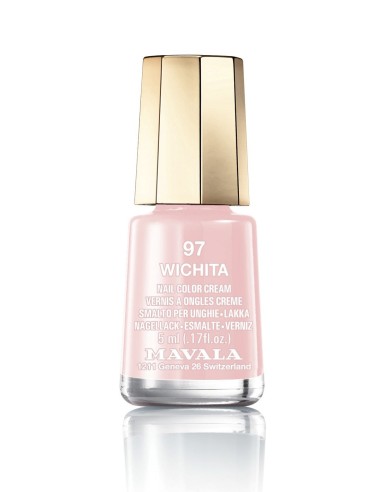Esmalte rosa claro Mavala Mini Color 97 Wichita de 5 ml en frasco de cristal con tapón dorado