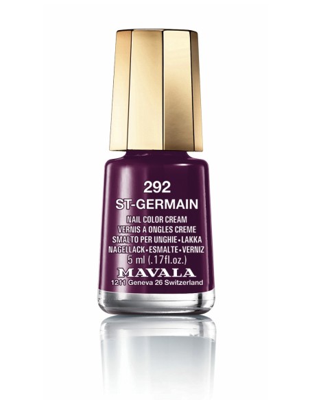 Esmalte de uñas Mavala Mini Color 292 St-Germain de 5 ml, tono ciruela oscuro con tapón dorado