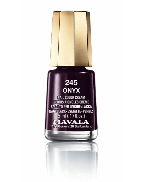 Esmalte de uñas Mavala Mini Color 245 Onyx de 5 ml, tono berenjena muy oscuro con tapón dorado