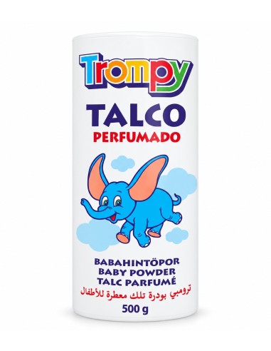 Trompy talco perfumado en polvo de 500 g en envase blanco con dibujo de elefante azul
