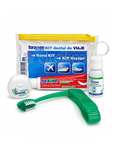 Contenido del kit Foramen con cepillo plegable verde, pasta dental, hilo y enjuague bucal