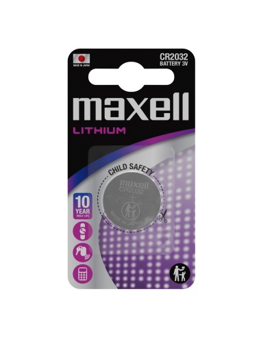 Blíster Maxell CR2032 negro y violeta con embalaje de seguridad infantil
