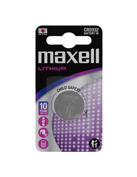Blíster Maxell CR2032 negro y violeta con embalaje de seguridad infantil