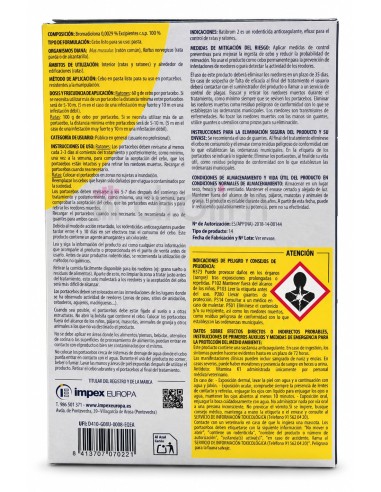 Etiqueta de Ratibrom-2 cebo fresco con composición, dosis y precauciones de uso
