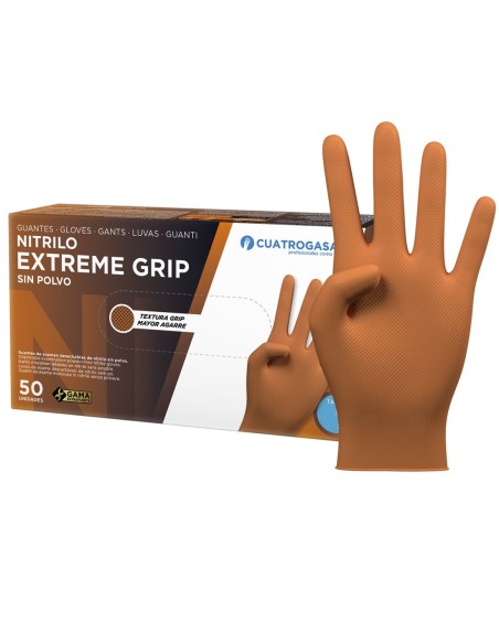 Guante naranja Extreme Grip con textura de agarre junto a su caja dispensadora
