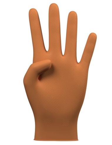 Detalle de la superficie texturizada del guante de nitrilo naranja Extreme Grip