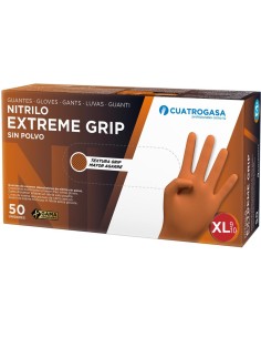 Caja de 50 guantes de nitrilo naranja Extreme Grip Cuatrogasa talla XL