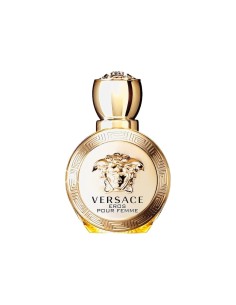 Frasco dorado de Versace Eros Pour Femme con relieve de Medusa y motivos de greca