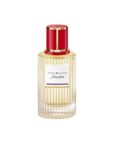 Frasco estriado de Tommy Hilfiger Freedom con tapón rojo y detalles dorados
