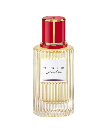 Frasco estriado de Tommy Hilfiger Freedom 50 ml con tapón rojo y detalles dorados