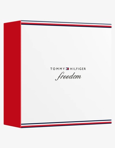 Tommy Hilfiger Freedom con frasco de tapón rojo y vaporizador de viaje dorado