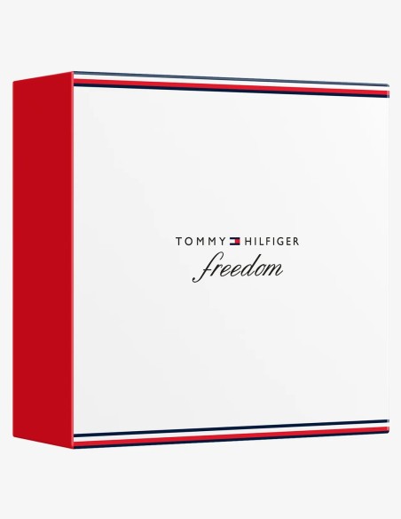Tommy Hilfiger Freedom con frasco de tapón rojo y vaporizador de viaje dorado