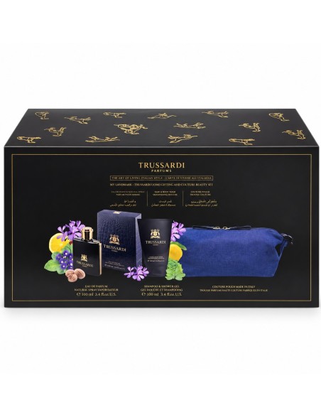 Trussardi Uomo con frasco negro y dorado, tubo de gel y neceser