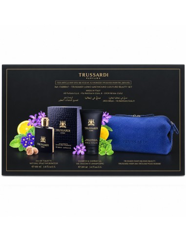 Trussardi Uomo con frasco negro y dorado, tubo de gel y neceser