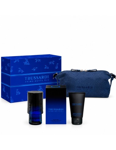 Trussardi Primo Notte Blu con frasco azul, tubo de gel y neceser con cremallera