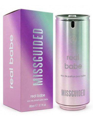 Missguided Real Babe Eau de Parfum 80 ml con frasco metalizado y caja en tonos rosa, violeta y verde