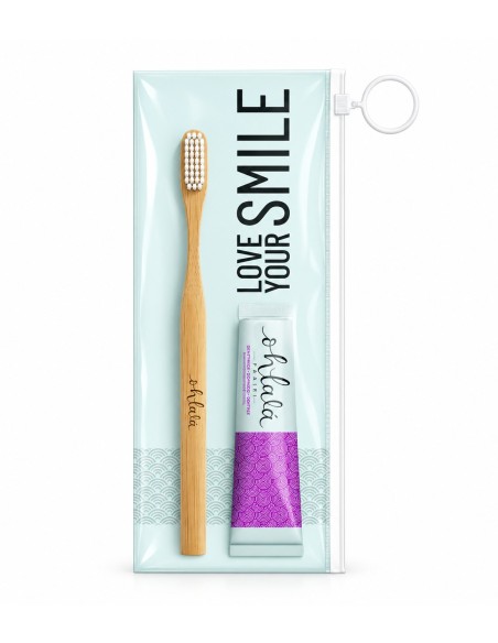 Kit de viaje Ohlalá con cepillo de bambú y pasta de frambuesa y menta de 15 ml en estuche