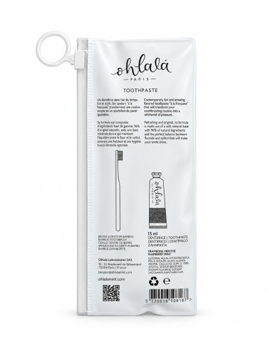 Reverso del kit dental Ohlalá con ingredientes de la pasta de frambuesa y menta de 15 ml