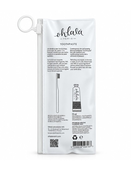 Reverso del kit dental Ohlalá con ingredientes de la pasta de frambuesa y menta de 15 ml