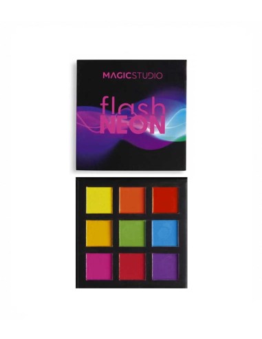 Mini paleta de sombras Magic Studio Flash Neon abierta con nueve colores y tapa negra