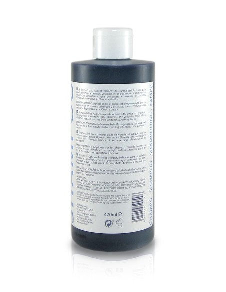 Botella de champú Nurana para cabellos blancos y grises con etiqueta blanca y azul