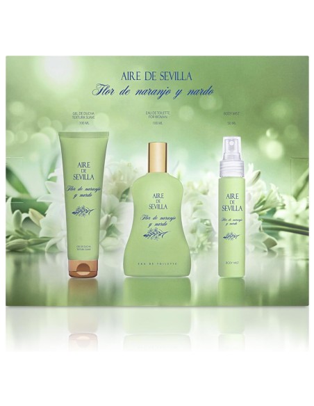 Aire de Sevilla Flor de Naranjo y Nardo con gel de ducha, eau de toilette y bruma corporal en presentación verde