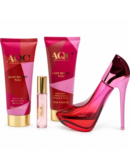 AQC Lady Secret Ruby con frasco en forma de tacón, vaporizador pequeño, gel y loción corporal