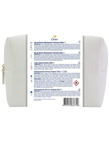 Reverso del neceser Dove Mímate con contenido, ingredientes y precauciones de los cinco productos