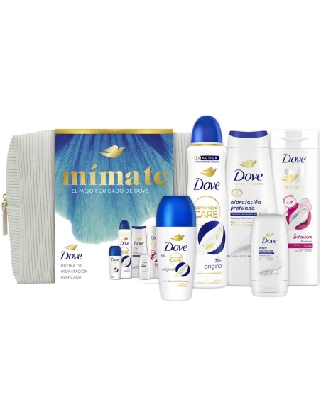 Set Dove Mímate con neceser blanco de cremallera y presentación en tonos azules y dorados