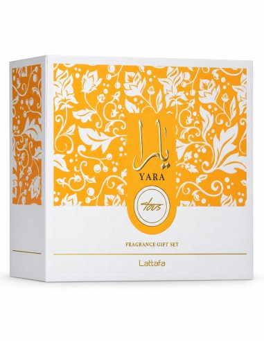 Caja blanca y naranja del set Yara Tous de Lattafa con composición y contenido de las tres piezas