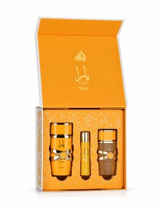 Caja blanca y naranja del set Yara Tous de Lattafa con composición y contenido de las tres piezas 2