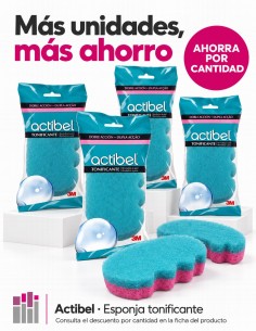 Esponja de baño Actibel Doble Acción Tonificante turquesa y rosa junto a su envase 2