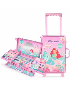 Maletín infantil trolley Sirenas de Martinelia abierto con maquillaje, espejo y bandejas desplegables