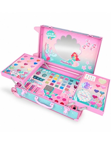 Trolley Sirenas de Martinelia abierto y cerrado, con ruedas y asa extensible en tonos rosa y turquesa
