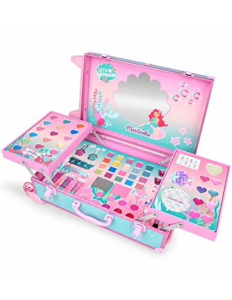 Trolley Sirenas de Martinelia abierto y cerrado, con ruedas y asa extensible en tonos rosa y turquesa