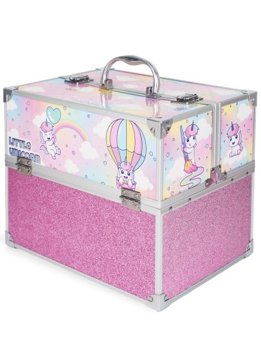 Maletín Martinelia Little Unicorn cerrado con asa, cierres y diseño rosa brillante con unicornios
