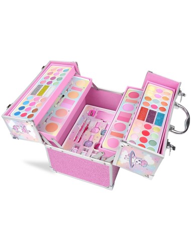 Maletín Martinelia Little Unicorn Mega Beauty Case abierto con maquillaje y bandejas desplegables