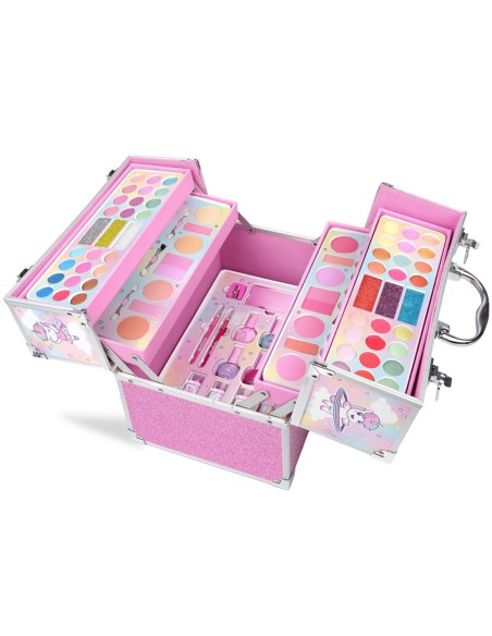 Maletín Martinelia Little Unicorn Mega Beauty Case abierto con maquillaje y bandejas desplegables