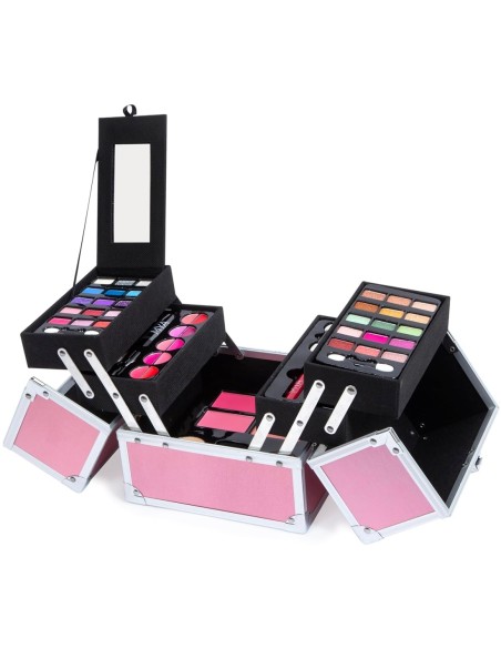 Interior del maletín Mya Pink Super Cube con sombras, productos labiales y accesorios de maquillaje