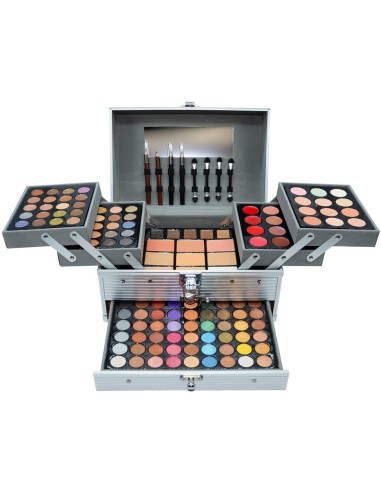 Interior del maletín Mya de 168 colores con sombras, productos labiales, maquillaje facial y aplicadores