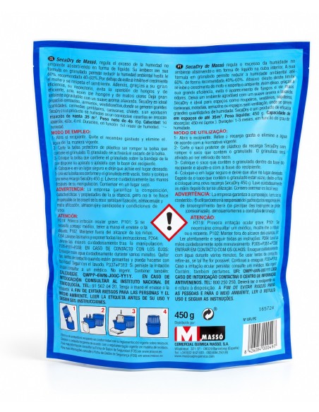 Etiqueta posterior del recambio SecaDry Lavanda de 450 g con instrucciones y advertencias de seguridad